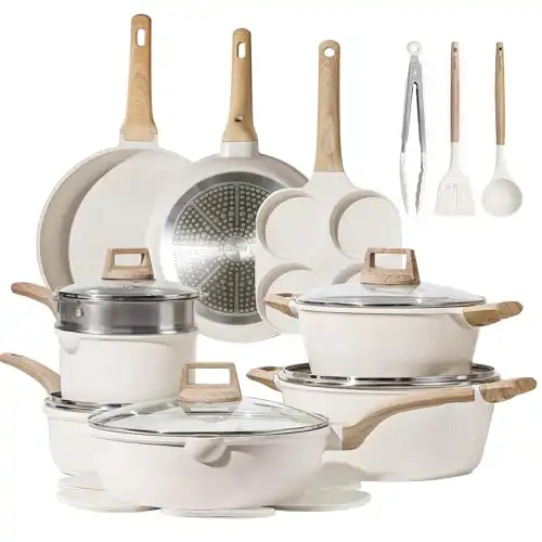 CAROTE 21Pcs Pots and Pans Set, Nonstick Cookware Sets, White Granite Induction Cookware Non Stick Cooking Set