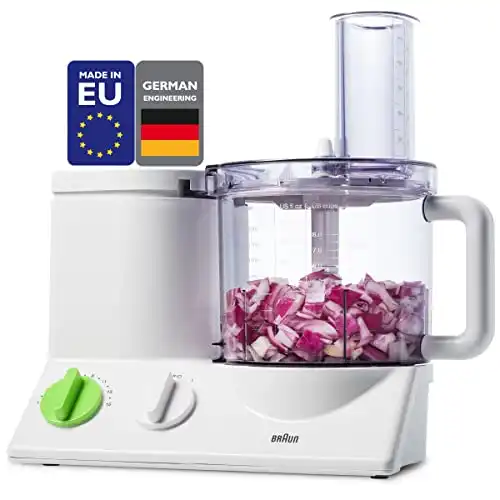 Braun FP3020 12 Cup Food Processor Ultra Quiet Powerful motor, includes 7 Attachment Blades + Chopper and Citrus Juicer , Made in Europe with German Engineering, White