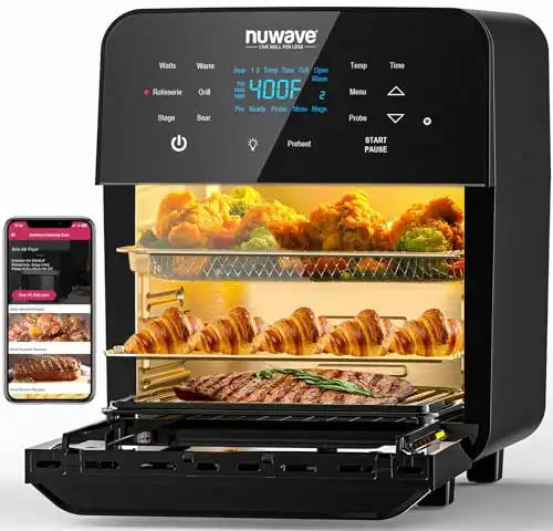 Nuwave Brio 15.5Qt Air Fryer Rotisserie Oven, X-Large Family Size, Powerful 1800W, 4 Rack Positions, 50 -425 F Temp Controls, 100 Presets & 50 Memory, Integrated Smart Thermometer