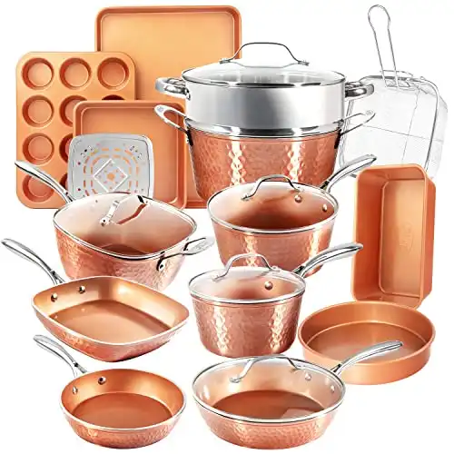 Gotham Steel Hammered Copper Collection 20 Piece Premium Pots and Pans Set Nonstick Ceramic Cookware + Bakeware Set for Kitchen, Induction/Dishwasher/Oven Safe, Healthy and Non Toxic